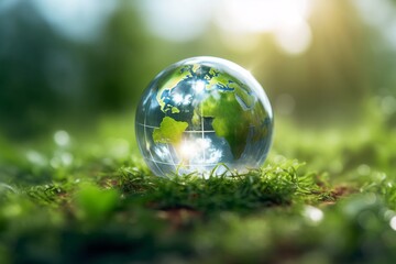 Obraz na płótnie Canvas Glass globe on green forest background. Eco concept. Transformative power. Gossy globe in green grass.