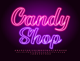 Vector Neon Signboard Candy Shop. Electric handwritten Font. Glowing Alphabet Letters and Numbers