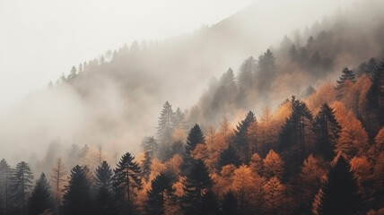 yellow misty autumn forest in the mountain landscape of October wildlife
