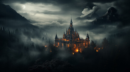 misty landscape in autumn mountains lighting, medieval princess castle glows in the night landscape among the clouds - obrazy, fototapety, plakaty