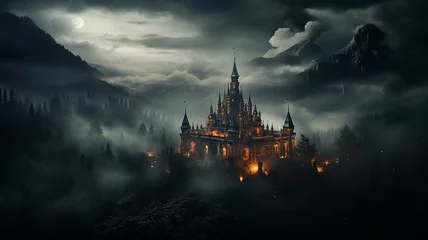 Foto op Plexiglas misty landscape in autumn mountains lighting, medieval princess castle glows in the night landscape among the clouds © kichigin19