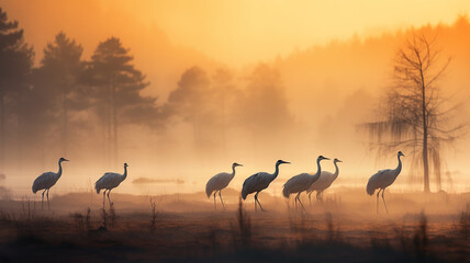 Naklejka premium silhouettes of cranes in autumn fog, wildlife landscape sunrise