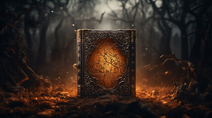 an open book of mystical fairy tales background in a foggy night forest the mystery of an old book - obrazy, fototapety, plakaty