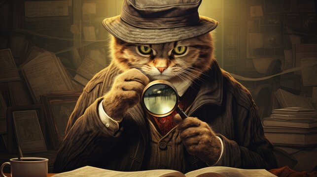A detective cat with a magnifying glass.