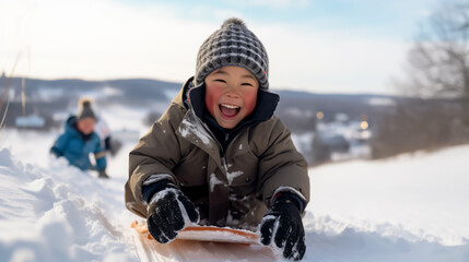Fototapeta na wymiar Happy Child playing in the snow with a sled. Joyful winter activity in the snow for children. Concept of winter, joy and playing outdoors. Shallow field of view.