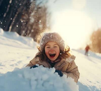 Happy Child playing outdoor in the snow on a sunny winters day. Concept of healthy winter activities for children. Shallow field of view.