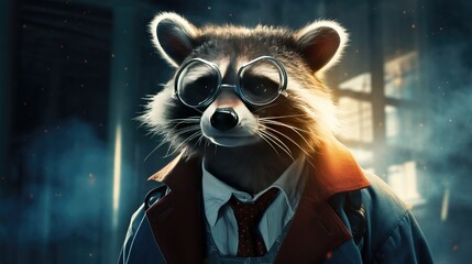 A scientist raccoon with a lab coat and goggles.
