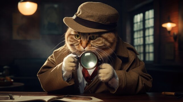 A detective cat with a magnifying glass.