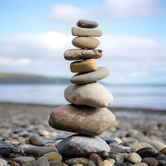 Fototapeta na wymiar Stacked rocks balancing on the beach, generative ai. 