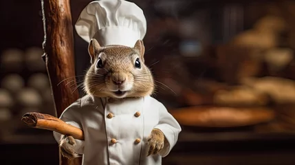 Photo sur Plexiglas Écureuil A chef squirrel with a chef's hat and rolling pin.