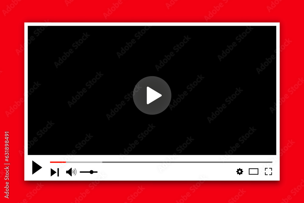 Poster multimedia video player with play button, play video window with navigation icons, video streaming o