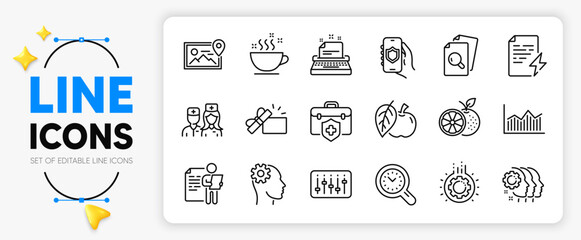 Job interview, Opened gift and Dj controller line icons set for app include Apple, Engineering, Coffee cup outline thin icon. Employees teamwork, Time management, Doctor pictogram icon. Vector © blankstock