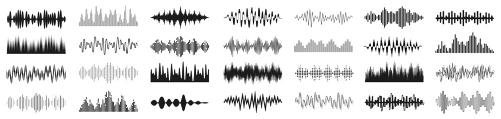 Set sound waves sign, musical sound wave collection icon, digital and analog line waveforms, electronic signal, voice recording, equalizer - for stock