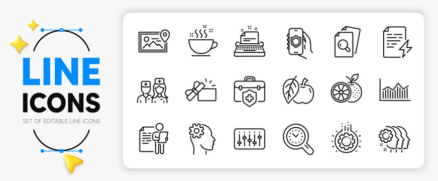 Job interview, Opened gift and Dj controller line icons set for app include Apple, Engineering, Coffee cup outline thin icon. Employees teamwork, Time management, Doctor pictogram icon. Vector