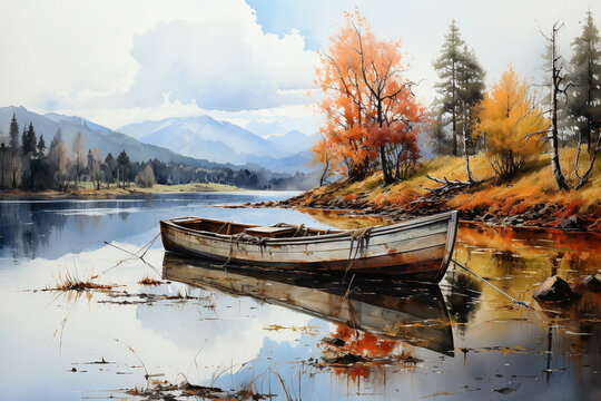 Fishing boat on the lake in autumn. Watercolor painting.