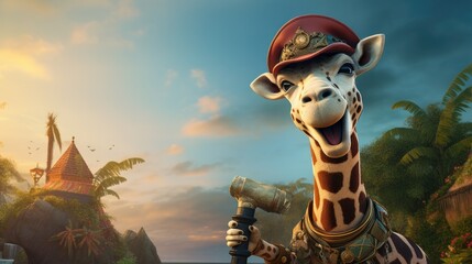 A pirate giraffe with a pirate hat and treasure
