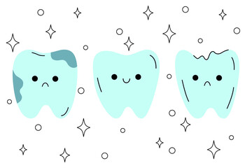 Cute little teeth characters. Use for kids medical centre, dentist, poster, card. Smiling and sad mascot for oral hygiene, dental treatment.