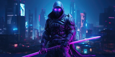 cyborg ninja katana neon purple blue cyberpunk 
