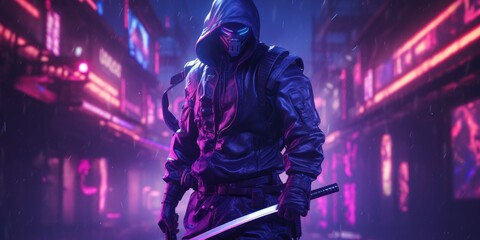 cyborg ninja katana neon purple blue cyberpunk  - obrazy, fototapety, plakaty
