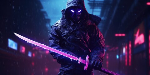 Fototapeta na wymiar cyborg ninja katana neon purple blue cyberpunk 