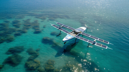  Solar-powered AI drones conducting environmental monitoring over a coastal ecosystem. Showcasing sustainable technology in action. Banner. Generative Ai content.