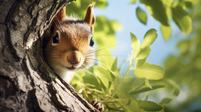 Squirrel in a tree - Squirrel behind the tree - Rodent - Nuts - Created with Generative AI technology.