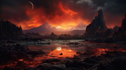 Undiscovered volcanic planet, landscapes of the planet Filled with volcanic wasteland.Created with Generative Ai technology.