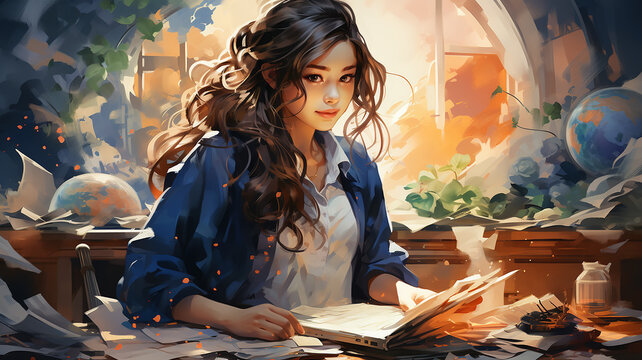 schoolgirl doing homework at the table view from the back drawing graphics