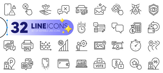 Outline set of Business target, Timer and 5g wifi line icons for web with Eye detect, Cash back, Consolidation thin icon. Smartphone recovery, Finance calculator, Food app pictogram icon. Vector