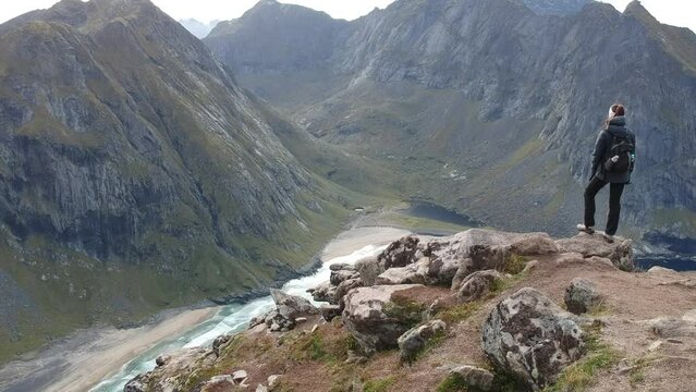 Ryten hike and Kvalvika beach Lofoten Norway