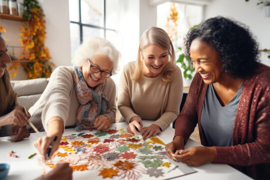 Group of diverse happy women spending time together with board games.