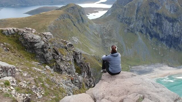 Ryten hike and shot over Kvalvika beeach Lofoten Norway