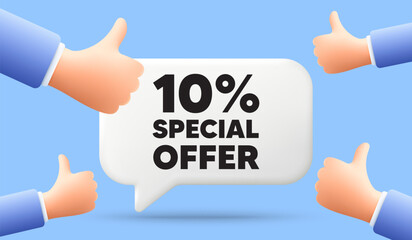 10 percent discount offer tag. 3d speech bubble banner with like hands. Sale price promo sign. Special offer symbol. Discount chat speech message. 3d offer talk box. Vector