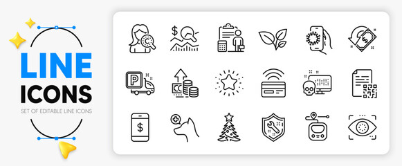 Cashback, Accounting and Collagen skin line icons set for app include Check investment, Spanner, Veterinary clinic outline thin icon. Smartphone payment, Covid app, Inflation pictogram icon. Vector