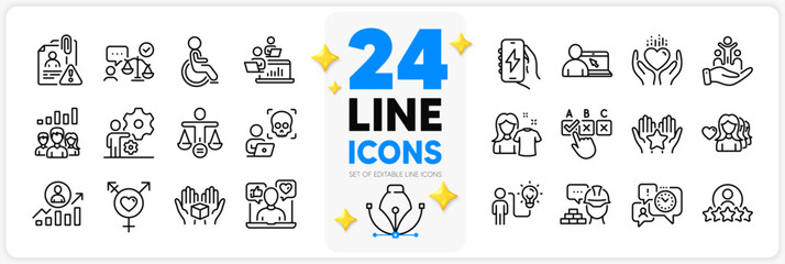 Icons set of Inclusion, Genders and Ranking line icons pack for app with Correct checkbox, Hold heart, Disability thin outline icon. Clean shirt, Build, Social media pictogram. Vector