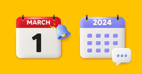 Calendar date 3d icon. 1st day of the month icon. Event schedule date. Meeting appointment time. 1st day of March month. Calendar event reminder date. Vector