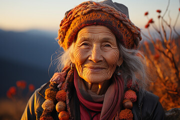 A woman in her 80s in an autumn outfit. Grandmother portrait on the background of an autumn field at sunset. The slow aging concept.