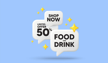 Food and Drink tag. 3d offer chat speech bubbles. Kitchen food offer. Restaurant menu. Food and Drink speech bubble 3d message. Talk box stars banner. Vector