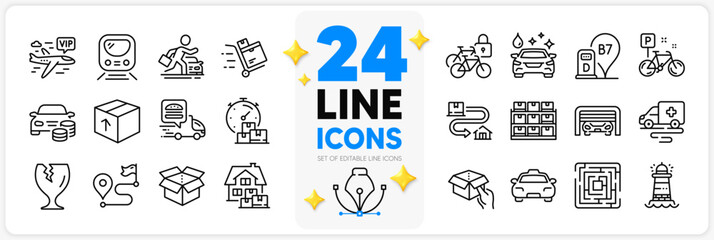 Icons set of Tracking parcel, Car wash and Hold box line icons pack for app with Diesel station, Fragile package, Taxi thin outline icon. Ambulance transport, Parking garage. Vector