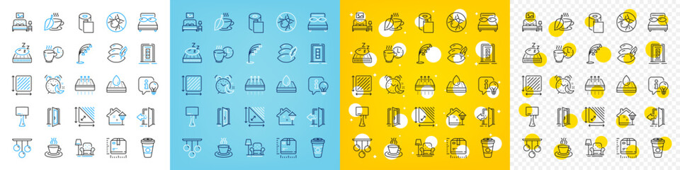 Vector icons set of Package size, Open door and Pillows line icons pack for web with Bed bugs, Triangle area, Mattress outline icon. Alarm, Square area, Floor lamp pictogram. Table lamp. Vector