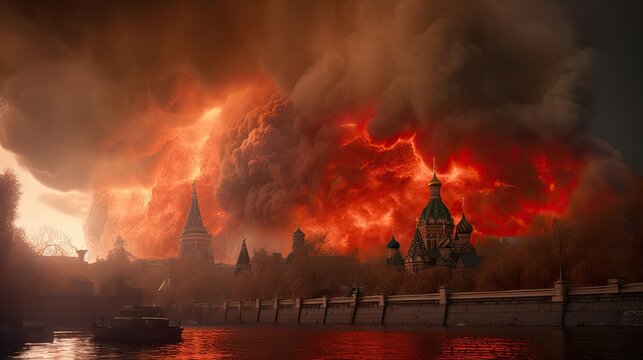Nuclear explosion in Moscow. Bomb explosion on Red Square. Fall of Russia. A beautiful view of the sphere of burning Moscow. Fire mushroom.