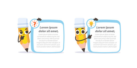 Pencil character cartoon design with question and idea text box frame for message illustration vector. Education concept.