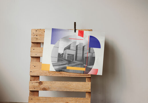 Mockup of customizable horizontal A2 poster attached to wooden crate