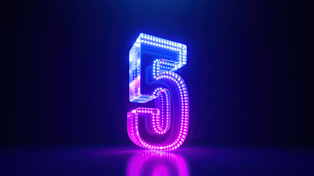 3d rendering, pink blue neon number five, isolated on dark blue background with reflection. Digital sign 5 glowing in ultraviolet light