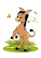 Happy dancing brown donkey with butterfly on the lawn