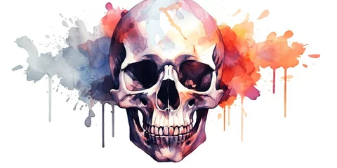 Poster Crâne aquarelle AI Generated. AI Generative. Vintage retro hand drawn paint drawing watercolor skull skeleton human head. Poster deciration background