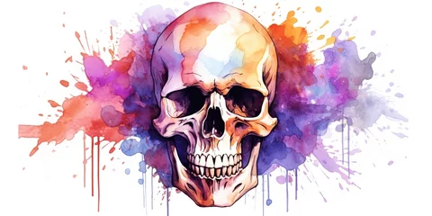 Tuinposter Aquarel doodshoofd AI Generated. AI Generative. Vintage retro hand drawn paint drawing watercolor skull skeleton human head. Poster deciration background