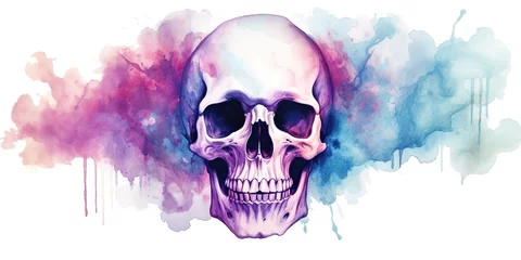Foto auf Acrylglas Aquarellschädel AI Generated. AI Generative. Vintage retro hand drawn paint drawing watercolor skull skeleton human head. Poster deciration background