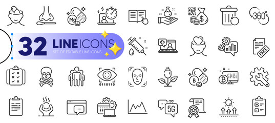 Outline set of Magnesium mineral, Cogwheel and Seo message line icons for web with Rule, Difficult stress, 5g internet thin icon. Read instruction, Recovery trash, Medical help pictogram icon. Vector