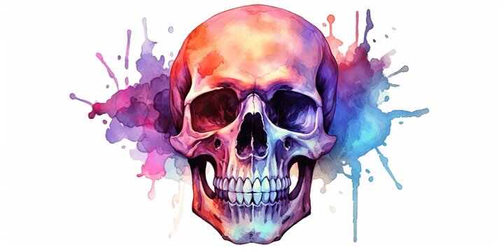 AI Generated. AI Generative. Vintage retro hand drawn paint drawing watercolor skull skeleton human head. Graphic Art